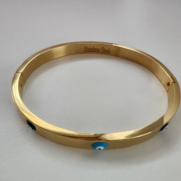 NWT Golden Triple Evil Eye Stainless Steel Bangle Bracelet - Picture 5 of 8
